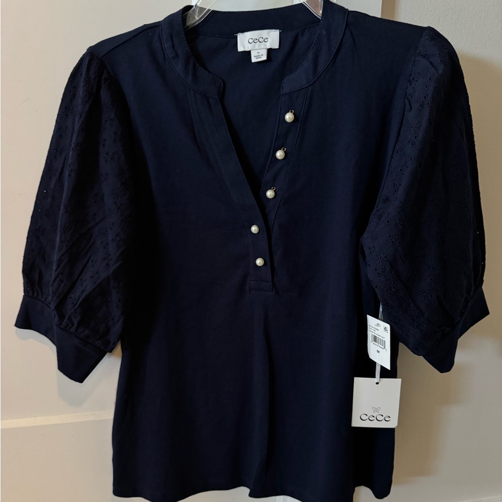 CeCe Navy Cotton Puff Sleeve Top